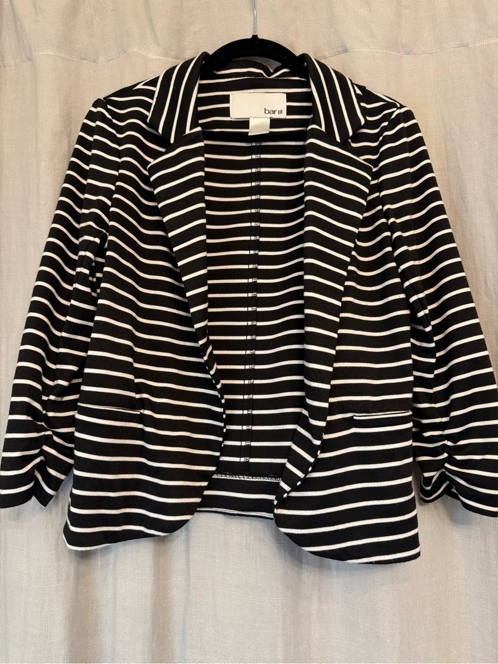 Bar III Black & White Striped Open Front Ruched Sleeve Knit Blazer Size M